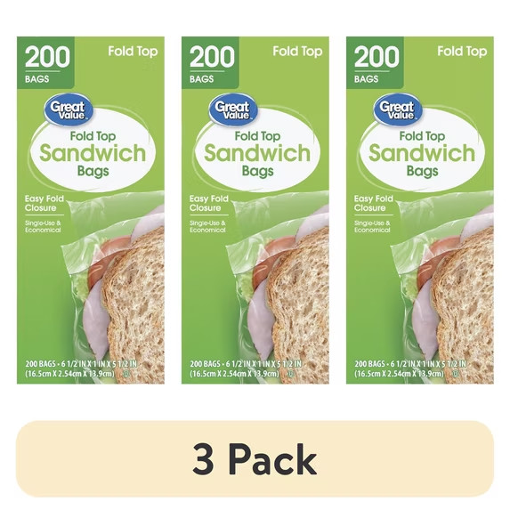 (3 pack) Great Value Sandwich Bags, Fold Top, 200 Count