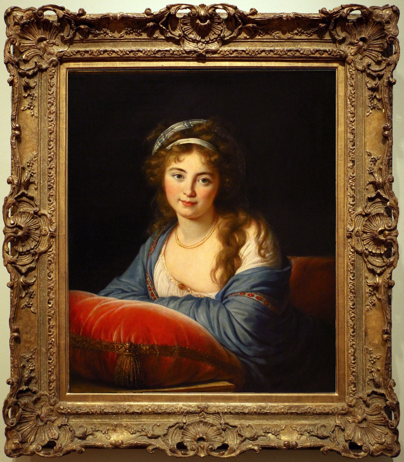 Hand Painted Oil Painting Vintage Lady Portrait White Headband Blue Robe Art