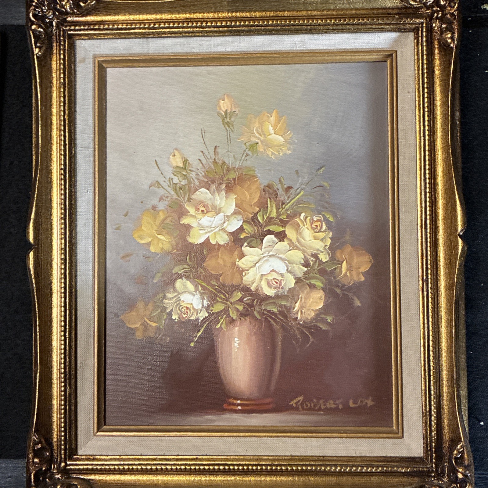 VTG Signed Robert Cox Floral Still Life Oil Painting 9.5”x8.5” Ornate Gold Frame