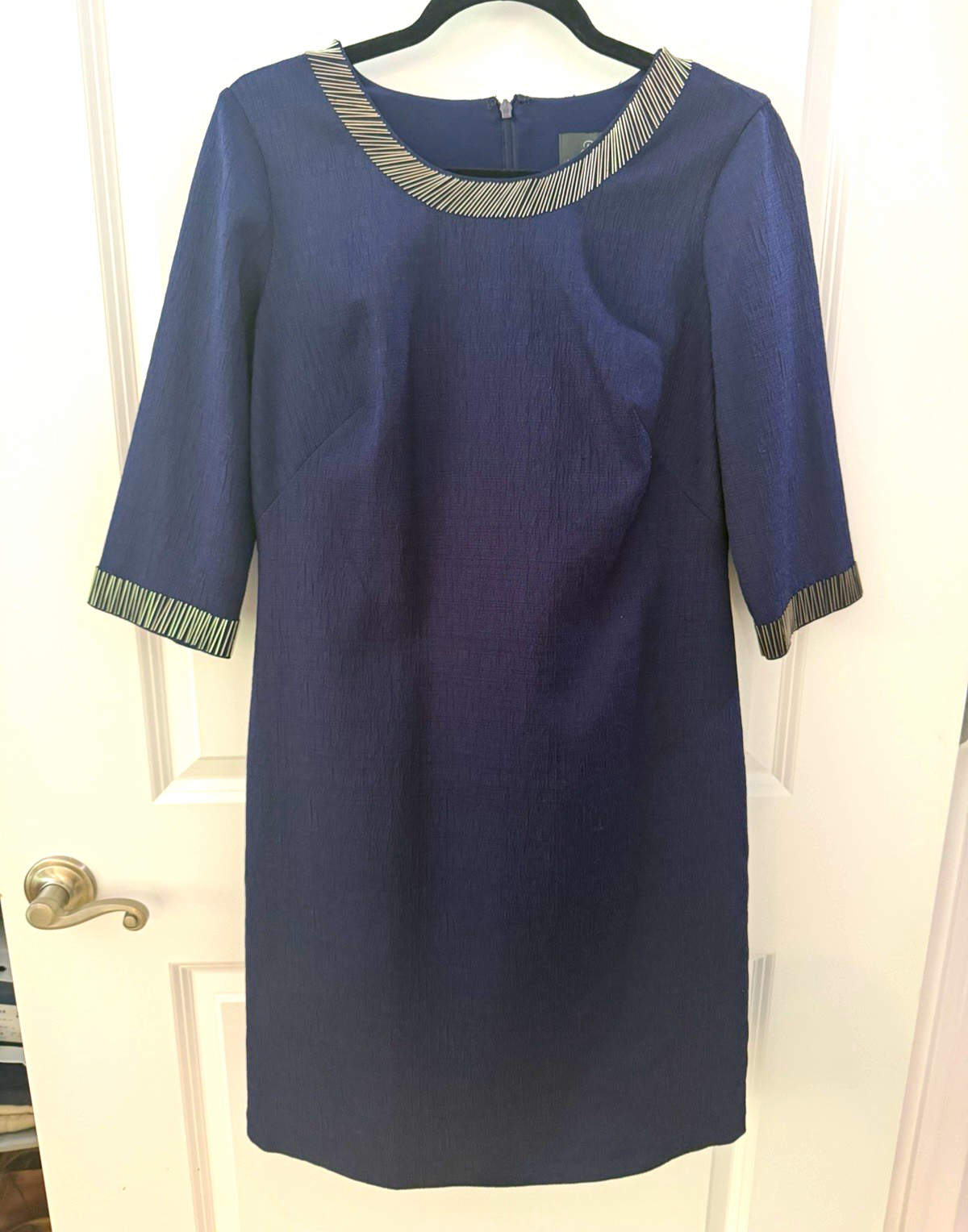 Adrianna Papell Shift Dress Blue 8 Metallic Accents Round Neck 3/4 Sleeve