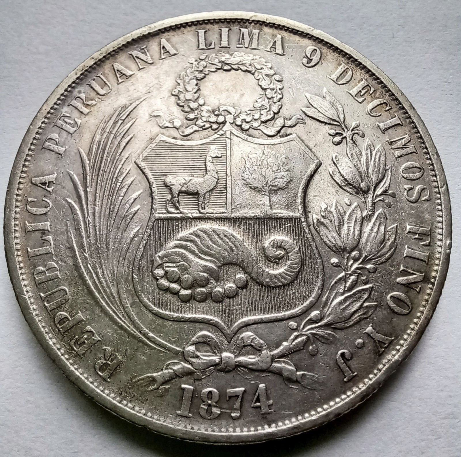 1874 YJ Peru Un Sol Silver Coin Seated Liberty KM 196.3 XF Details