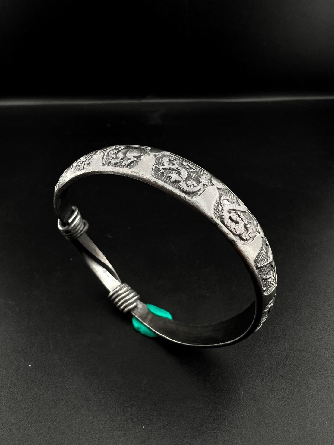 Vintage Chinese Silver Dragon Bangle Bracelet, Two-Headed Dragon Cuff