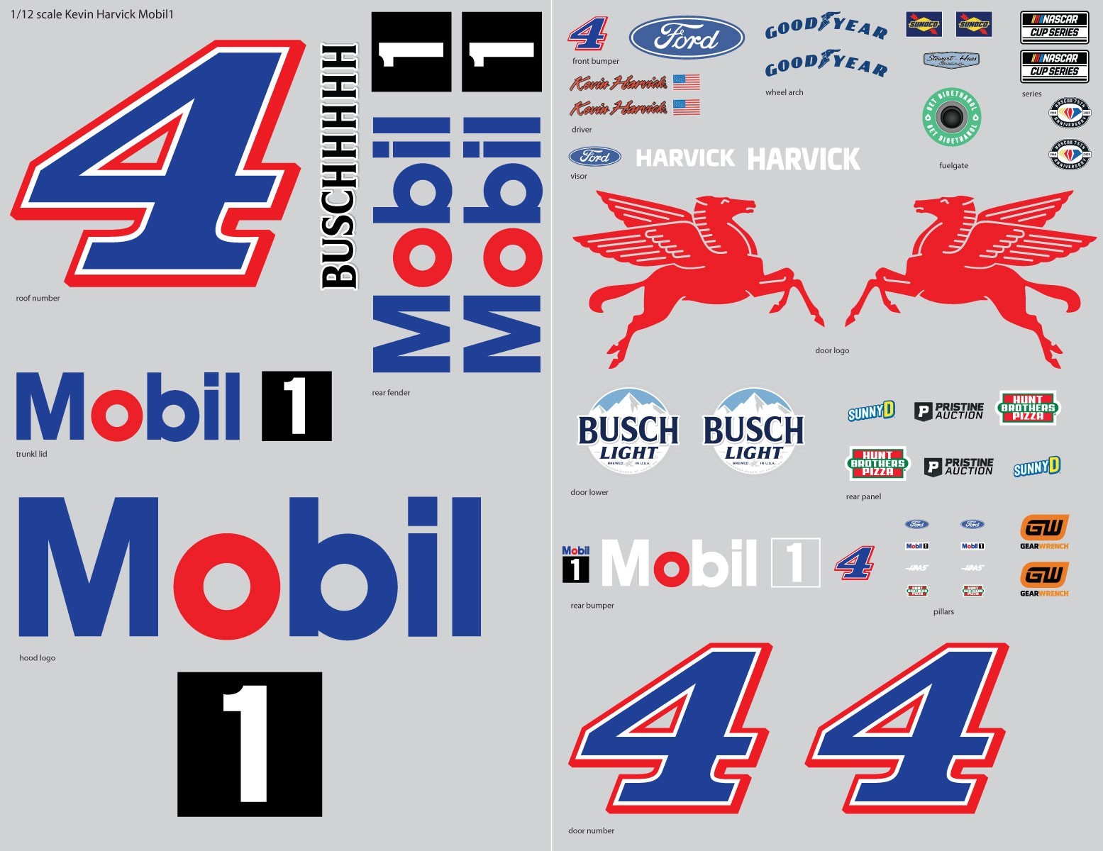 1/12 scale Kevin Harvick Mobil 1 Ford Mustang RC Car Clear Vinyl Sticker Sheet