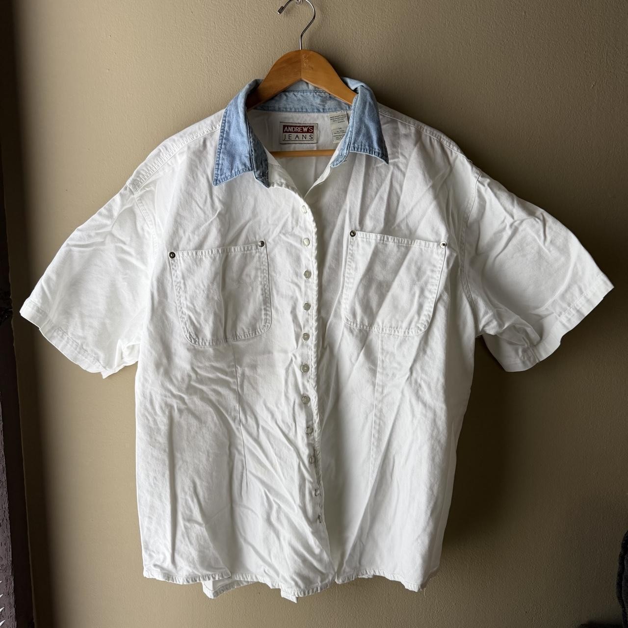 Vintage 90s Andrew’s Jeans White Denim Collar Snap Shirt 1X