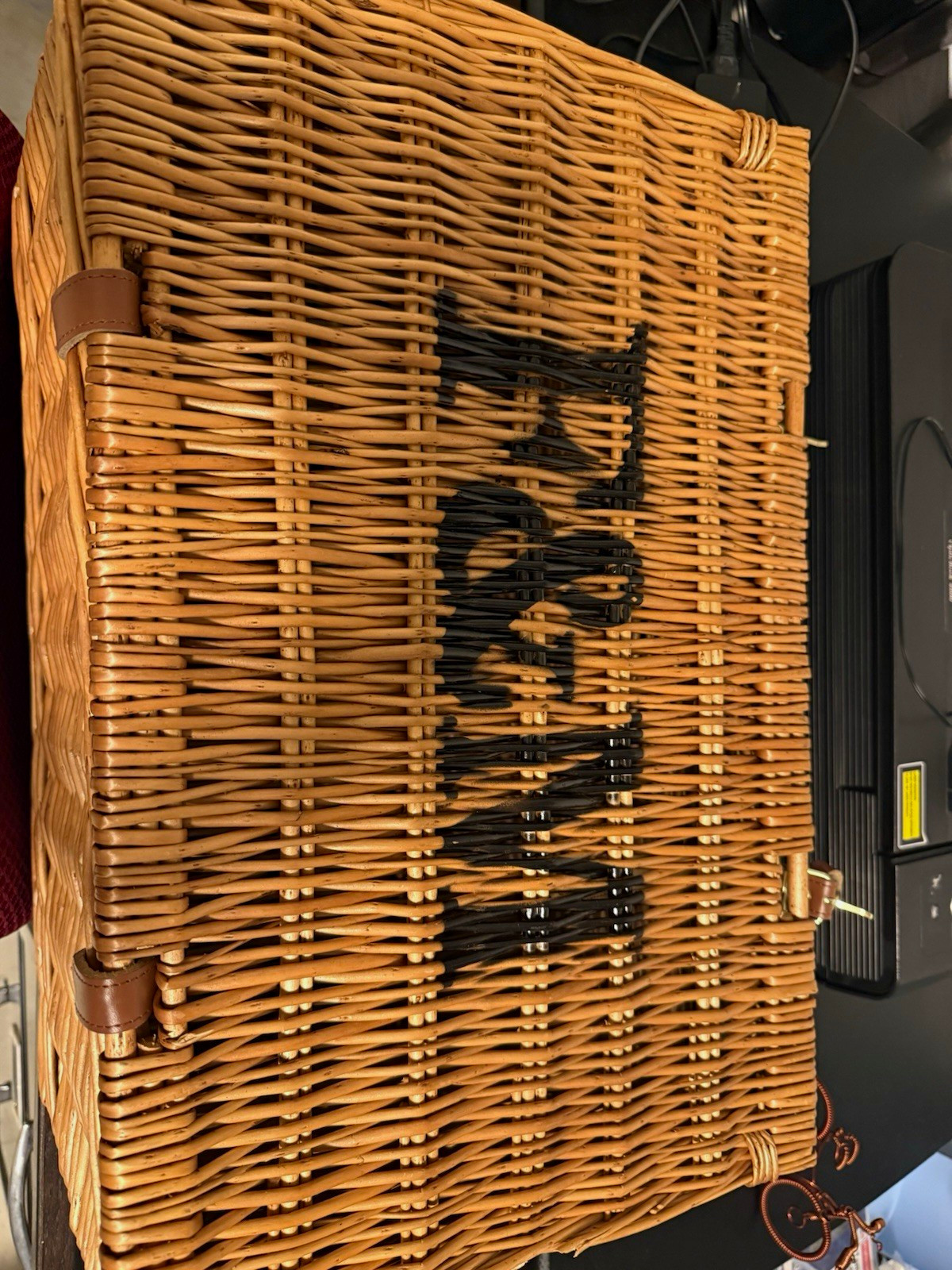 Brown Wicker Picnic Basket Hamper, Hinged Lid, Handle, Latch, Traditional
