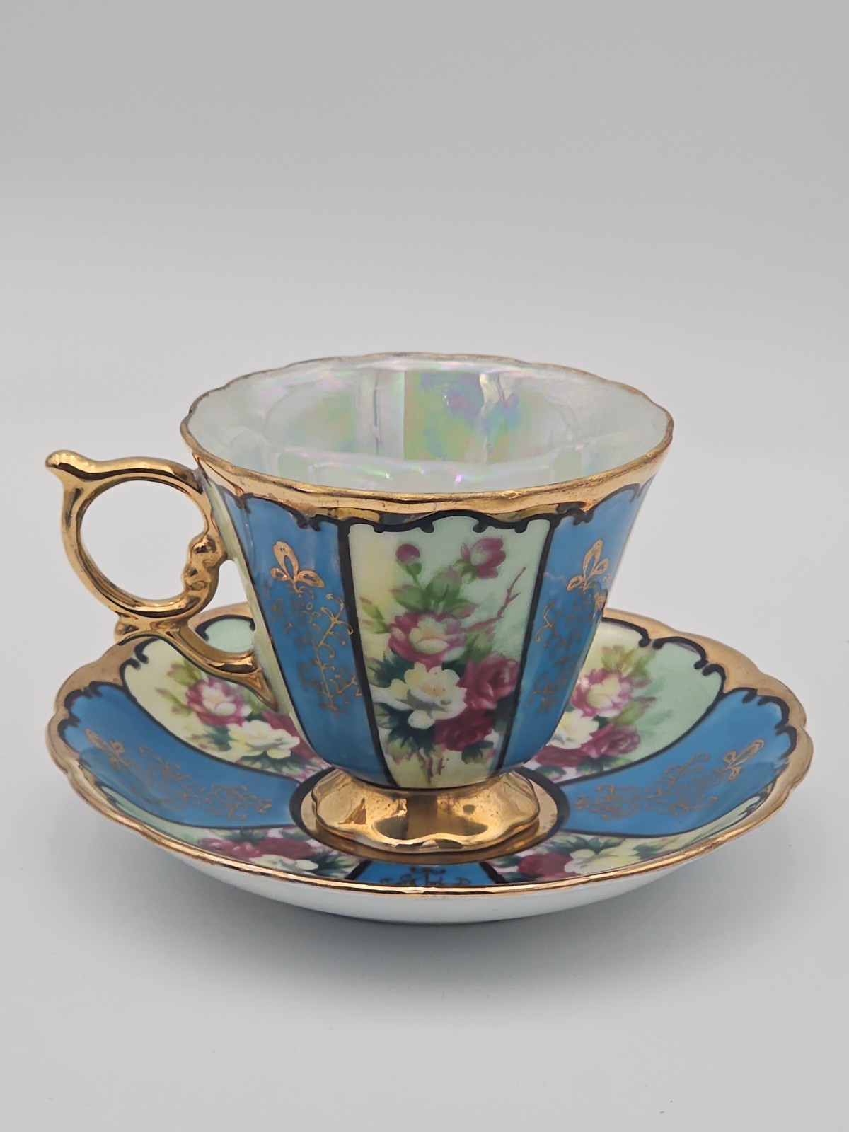 Vtg Royal Sealy Cabbage Rose Teacup Saucer Set Japan Blue Gold Lusterware 1950s