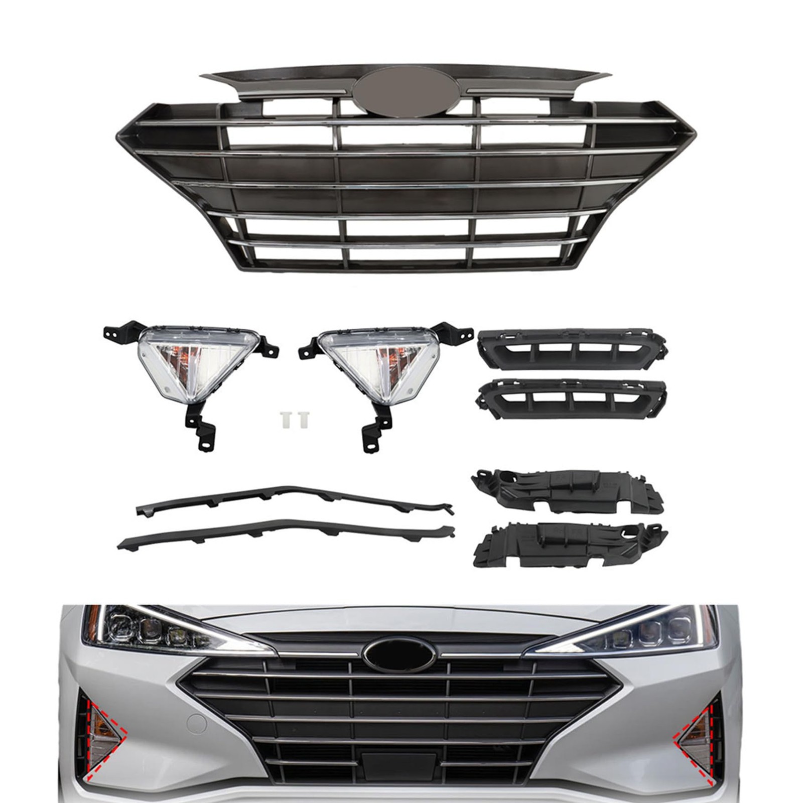 9Pcs Front Bumper Grille Fog Lights Bracket Molding Set Elantra 2019-2020