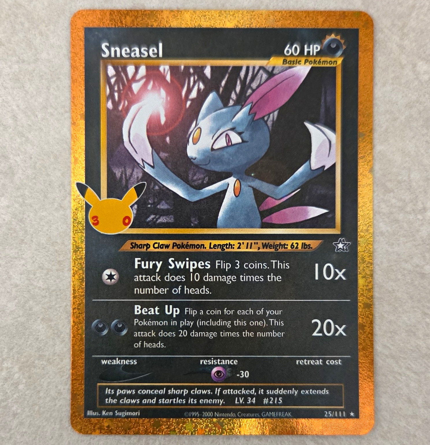 Pokemon TCG Sneasel 25/111 Rare Holo 60 HP 30th Celebrations Classic Edition Pokemon TCG Sneasel 25/111 Rare Holo 60 HP 30th Celebrations Classic Edition
