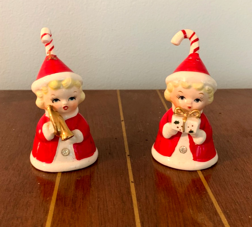 VTG JAPAN 2 Fine Quality SR Christmas Candy Cane Hat Girl Bells  (D204) READ