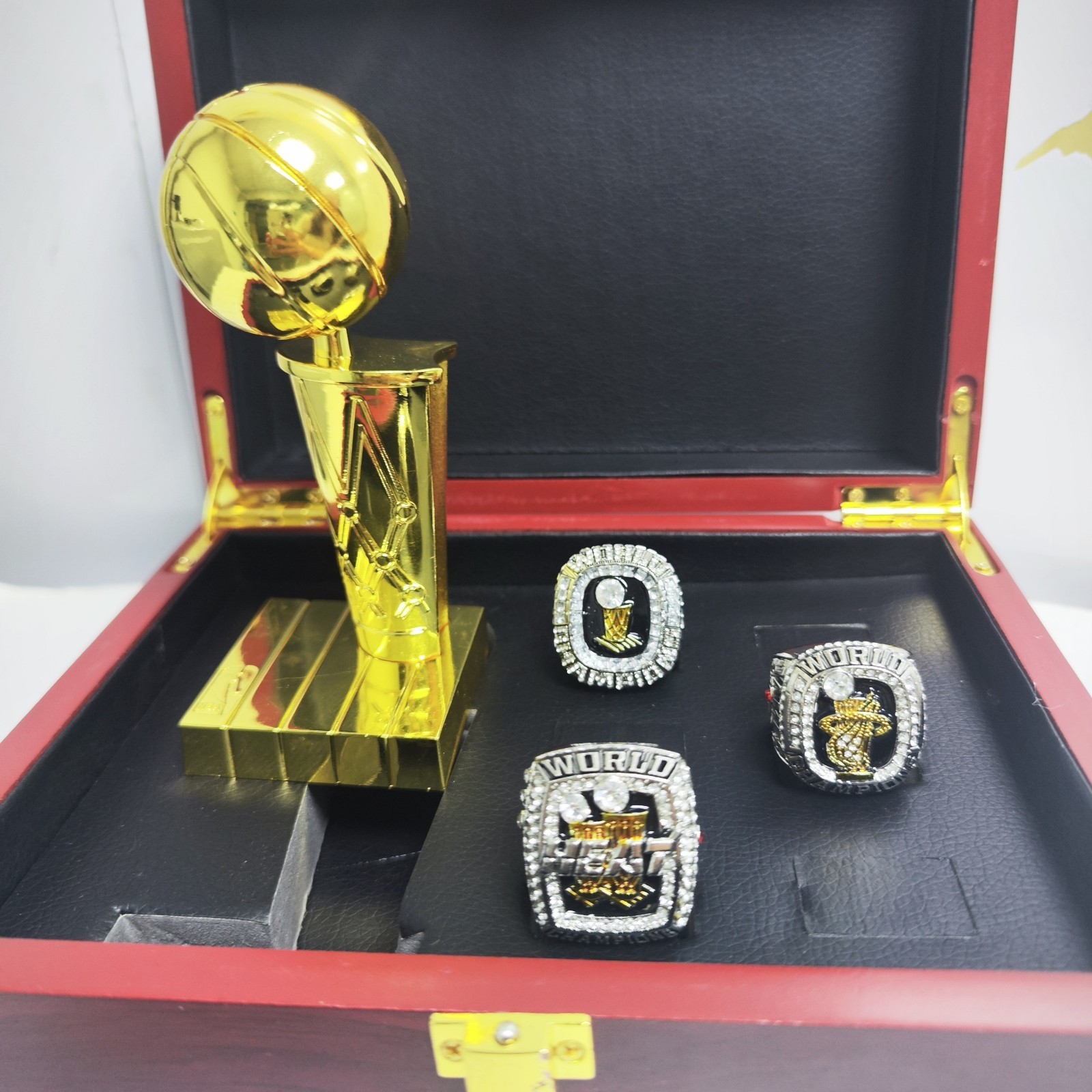 3PCS Miami Heat Championship Ring Set &Trophy W Wooden Box 2006 2012 2013