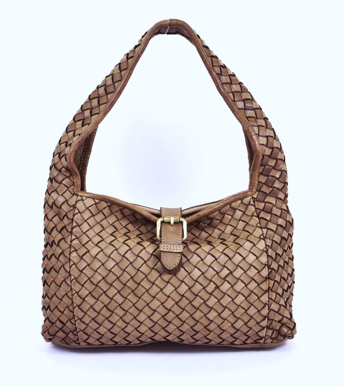 ITALIAN HAND-WOVEN VINTAGE-WASHED CALF LEATHER HOBO SHOULDER BAG - MADE IN ITALY