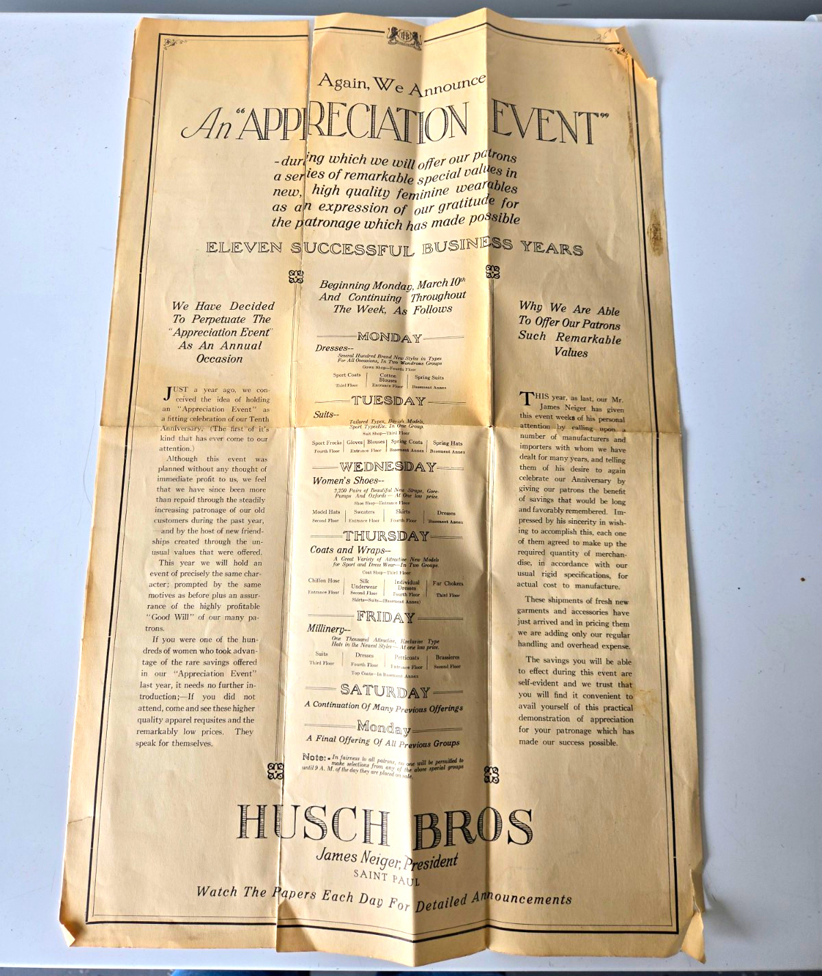 Vintage Husch Bros St Paul MN Advertising Broadside Appreciation Event Clothing Vintage Husch Bros St Paul MN Advertising Broadside Appreciation Event Clothing