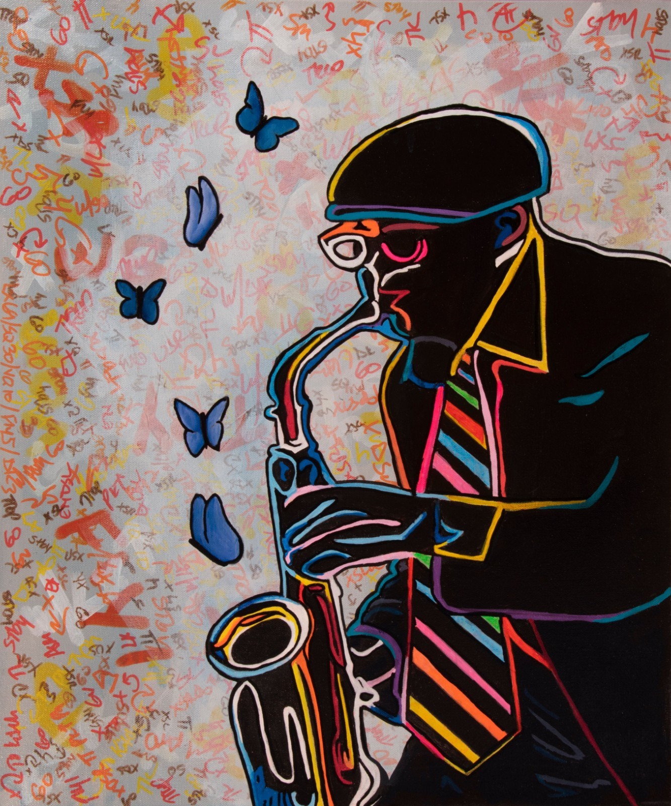 Original Mixed Media Painting 20x24 Saxophonist Neon Butterflies Art