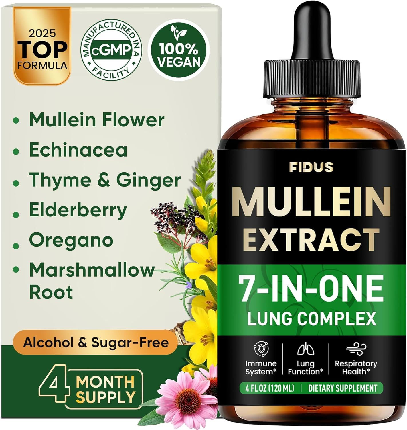 Fidus Mullein Drops 7-Herb Lung & Lymphatic Support Respiratory Detox 4 Fl Oz