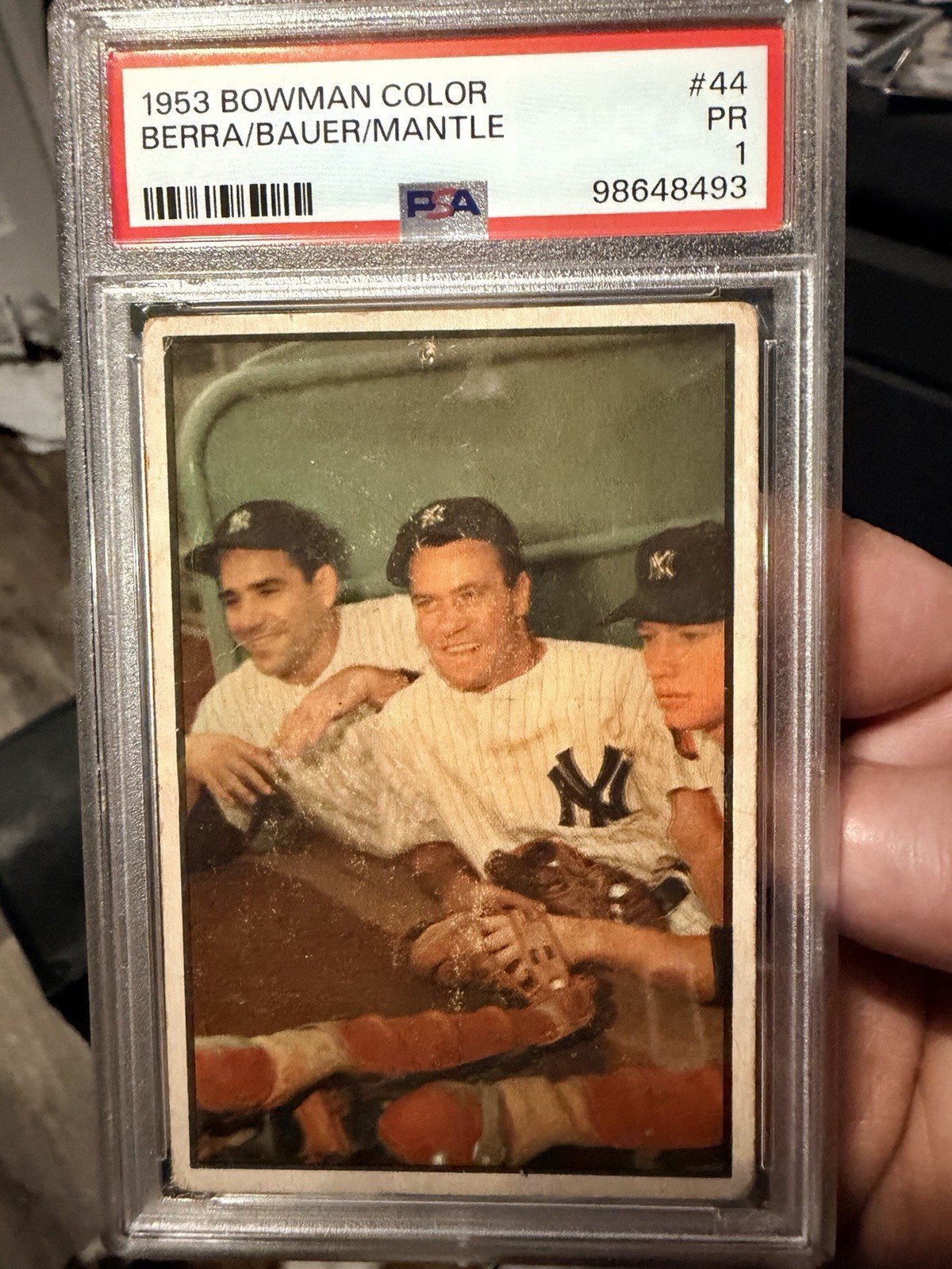Bowman 1953 Bowman Color Mantle Berra Bauer #44 Yankees PSA 1 Baseball Card Bowman 1953 Bowman Color Mantle Berra Bauer #44 Yankees PSA 1 Baseball Card