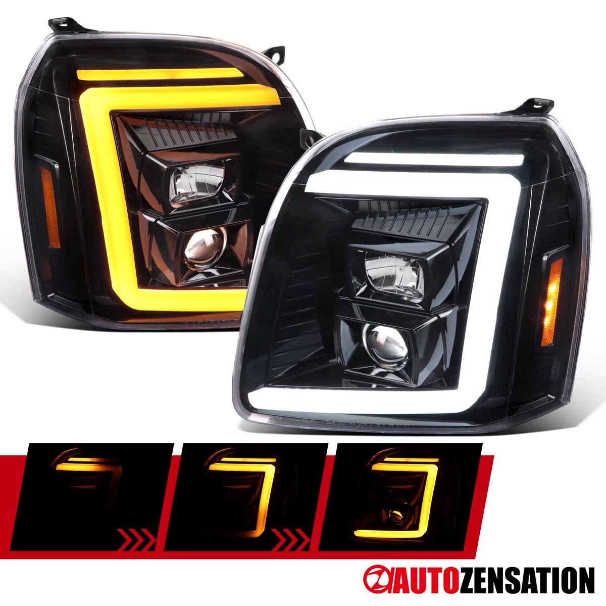 Fit 2007-2014 GMC Yukon XL Slick Black LED Bar Projector Headlights Sequential