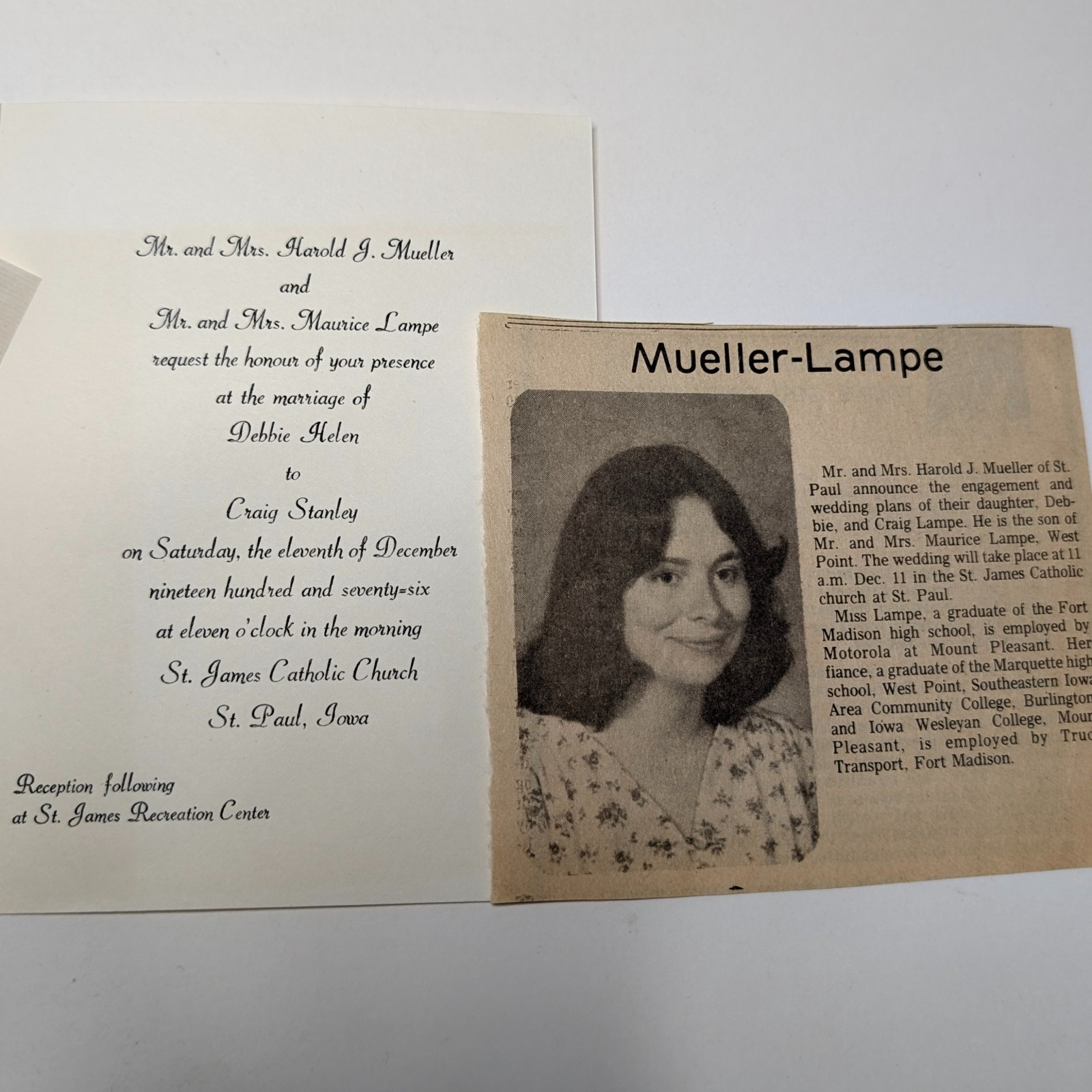 1976 St Paul Iowa Wedding Invitation Mueller Lampe Newspaper Clipping Genealogy
