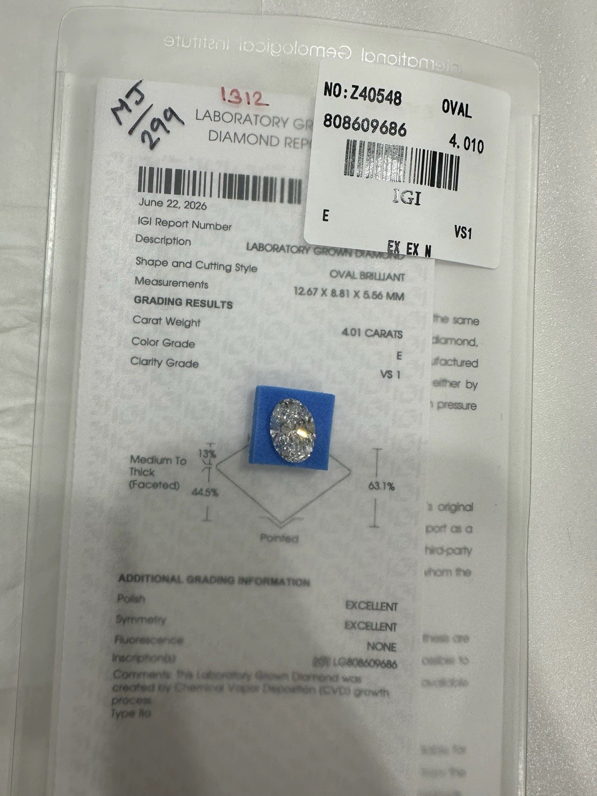 4.01 ct Oval Lab Grown Diamond E VS1 Excellent Cut IGI Certified Loose Gemstone