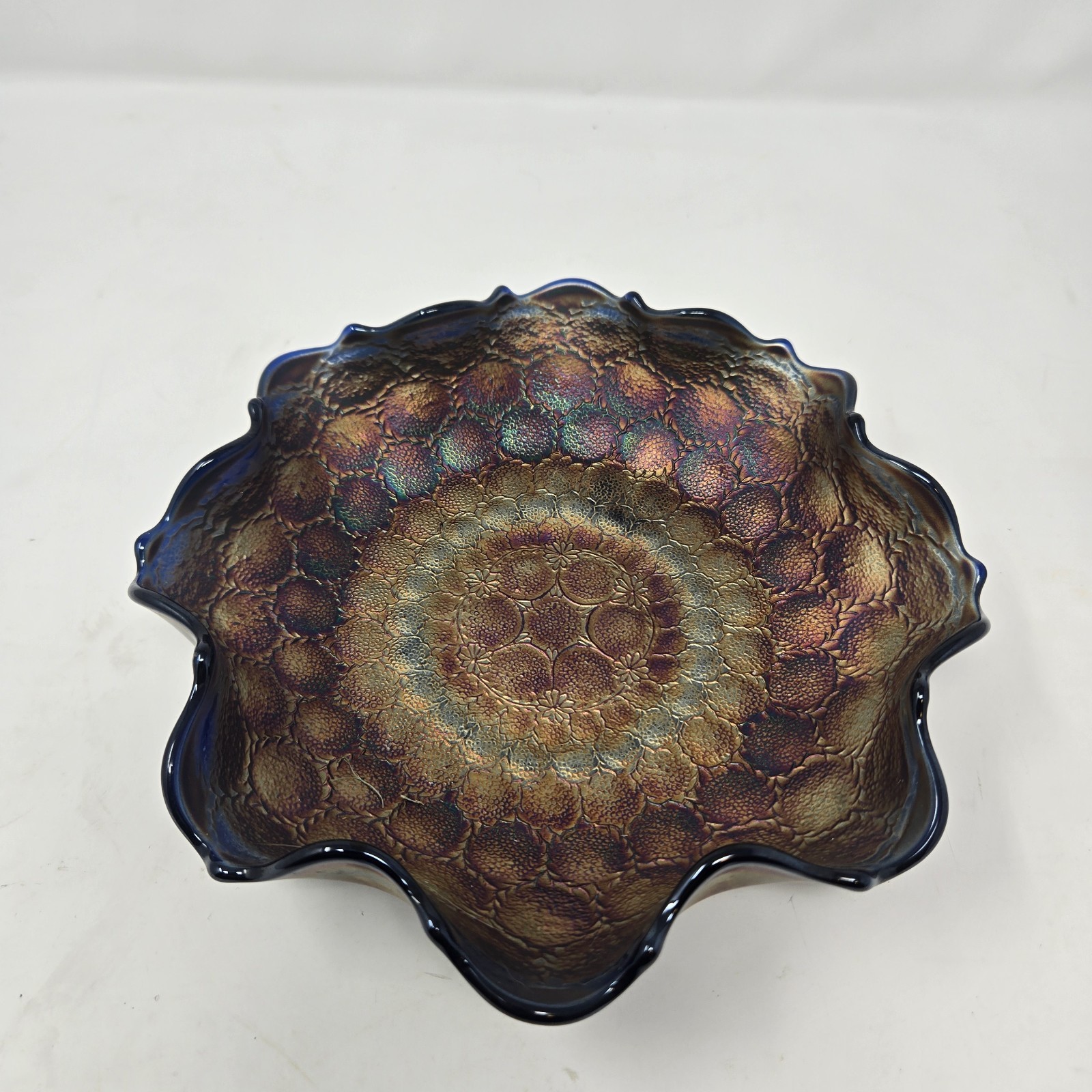 Fenton Blue Feather Stitch Carnival Glass Ruffled Bowl, Scallop & Flute Edge 9 Fenton Blue Feather Stitch Carnival Glass Ruffled Bowl, Scallop & Flute Edge 9