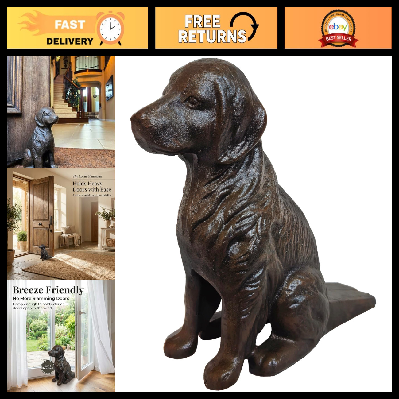 Cast Iron Dog Doorstop - Antique Black Tail Door Stopper for Home Decor