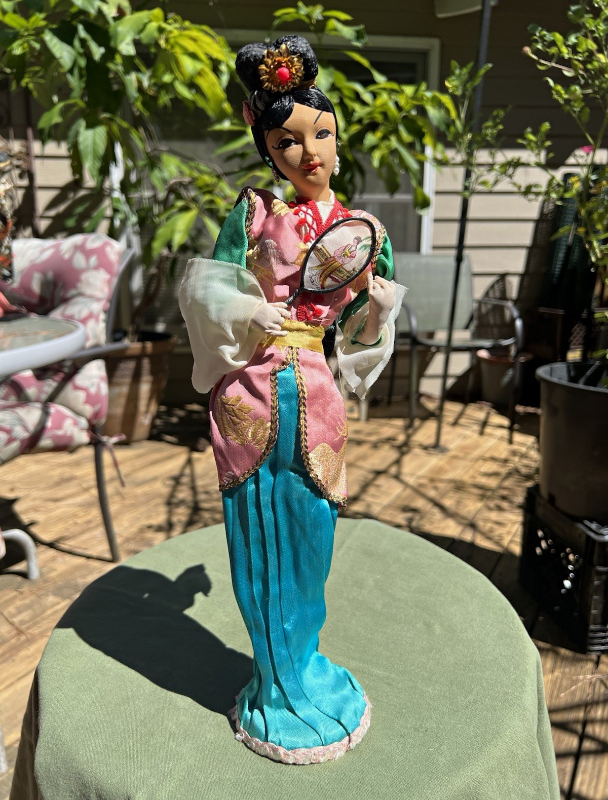 Vintage 1970s Chinese Costume Doll 15” Embroidered Fan Brocade Display Figure