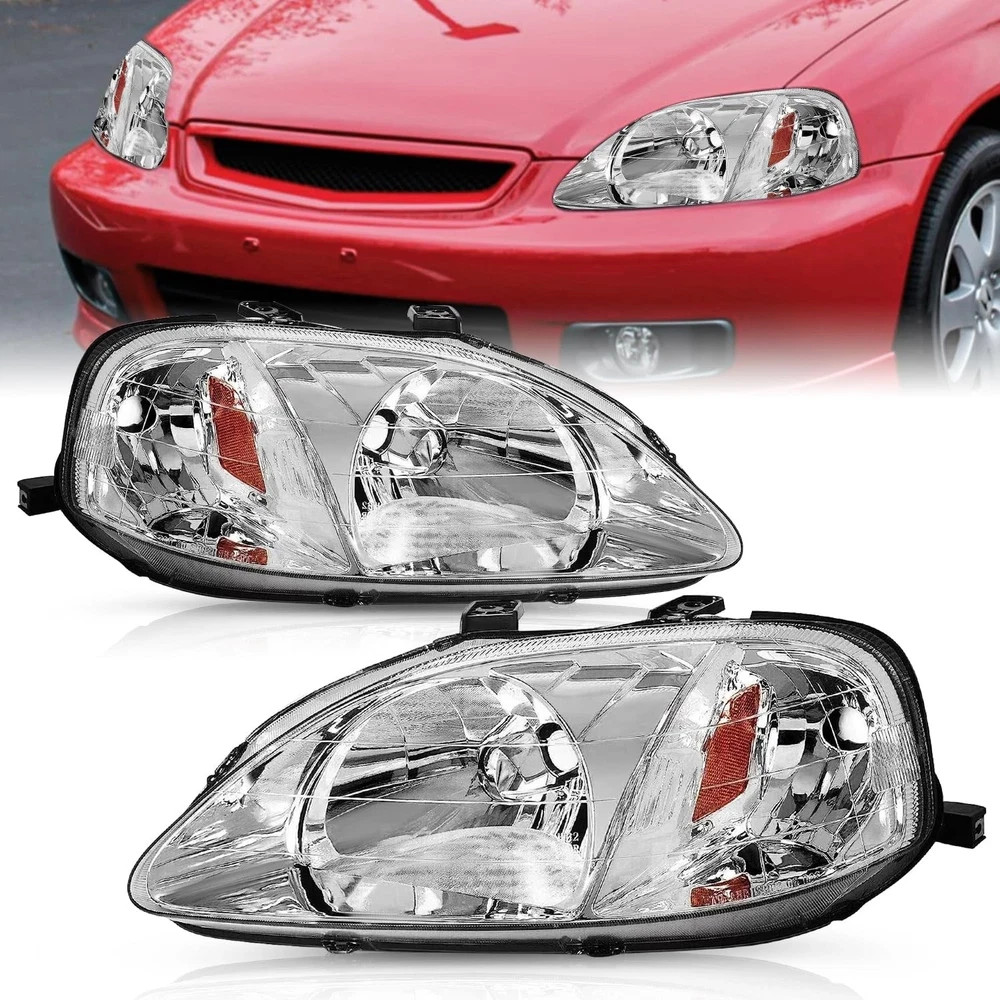 1999-2000 Civic Headlight Assembly Set Chrome Amber Corner Driver Passenger Side