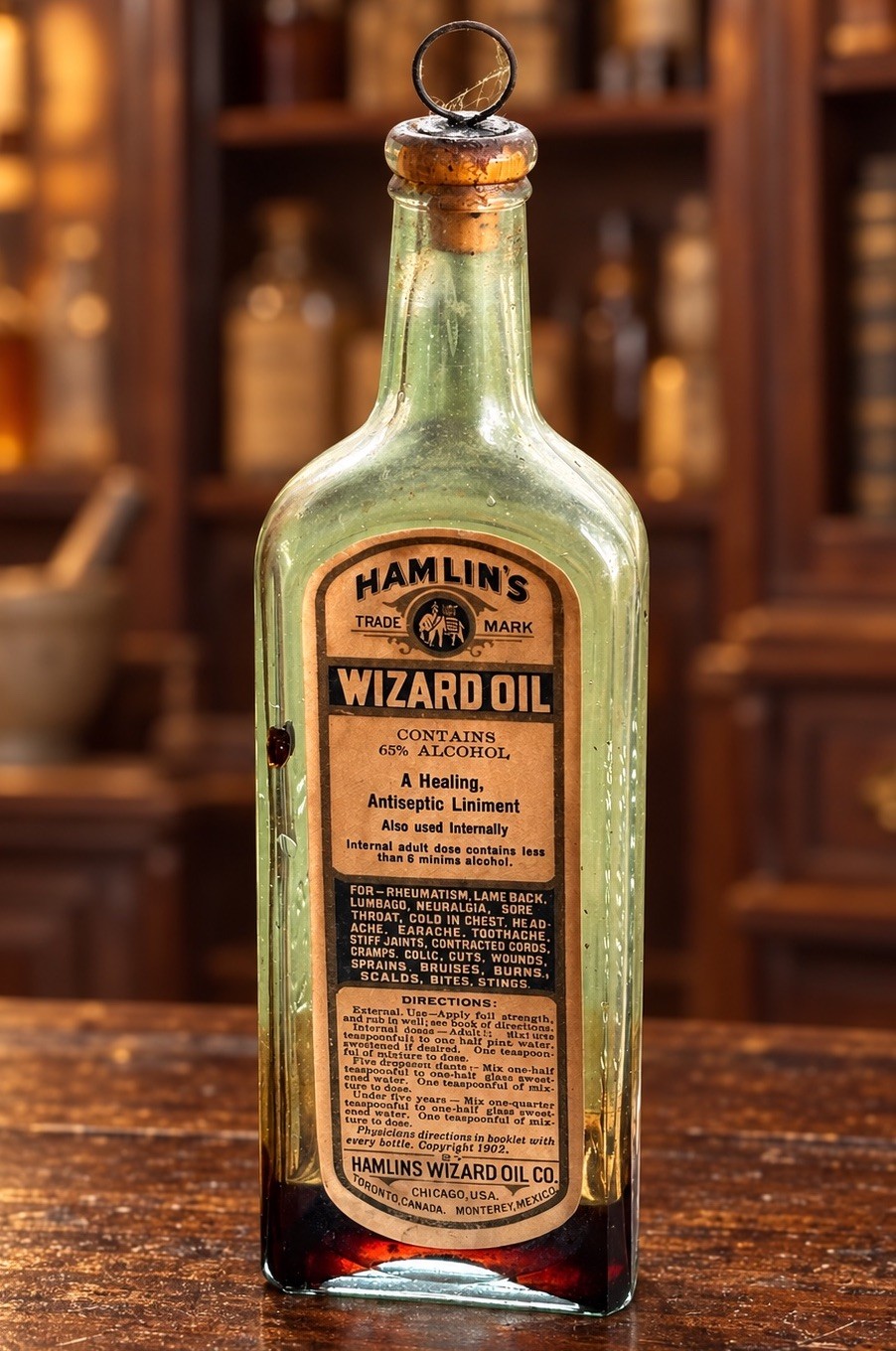 ANTIQUE HAMLIN’S WIZARD OIL PAPER LABEL MEDICINE BOTTLE W/ CONTENTS CORK 1890s