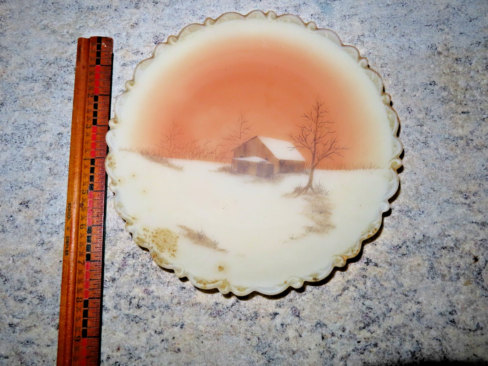 Fenton  Sunset Farm barn On Cameo Satin Hand Painted Custard Glass Plate S lee