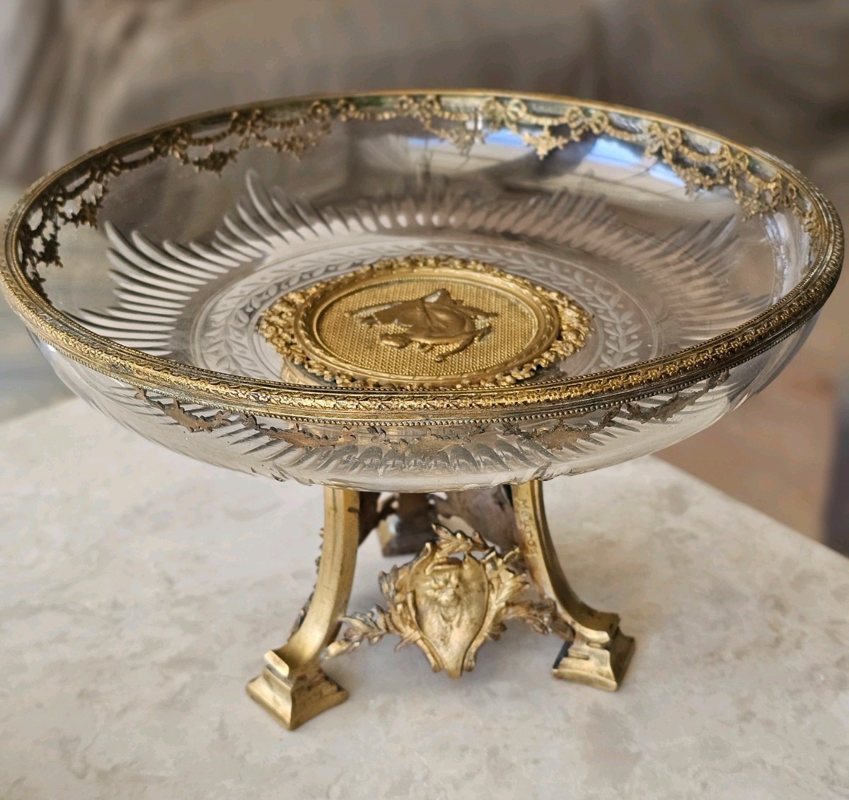 Antique 19th Century French Gilt Bronze Ormolu Crystal Tazza Signed Mauroy Antique 19th Century French Gilt Bronze Ormolu Crystal Tazza Signed Mauroy