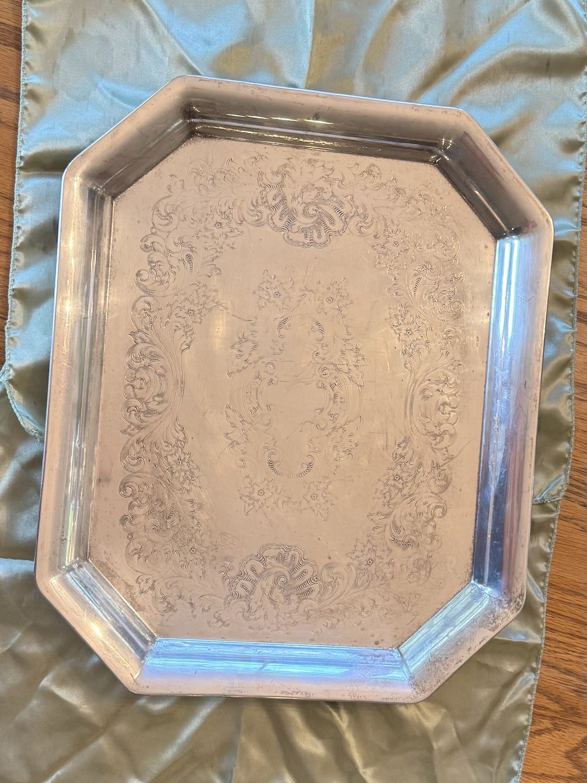Vintage Towle Silverplate 17” Ornate Engraved Serving Tray Floral Scroll