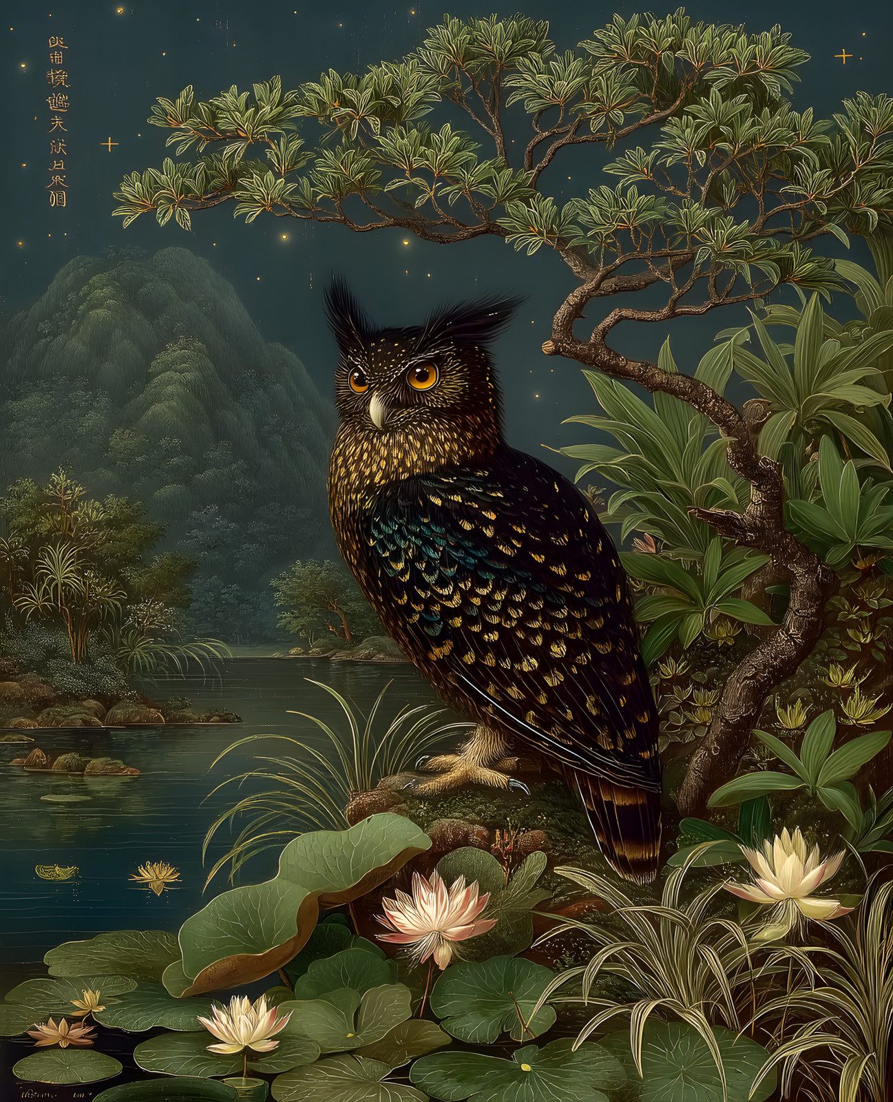 Owl Perched on a Branch with Dark Teal and Brown Tones Print - 561508024