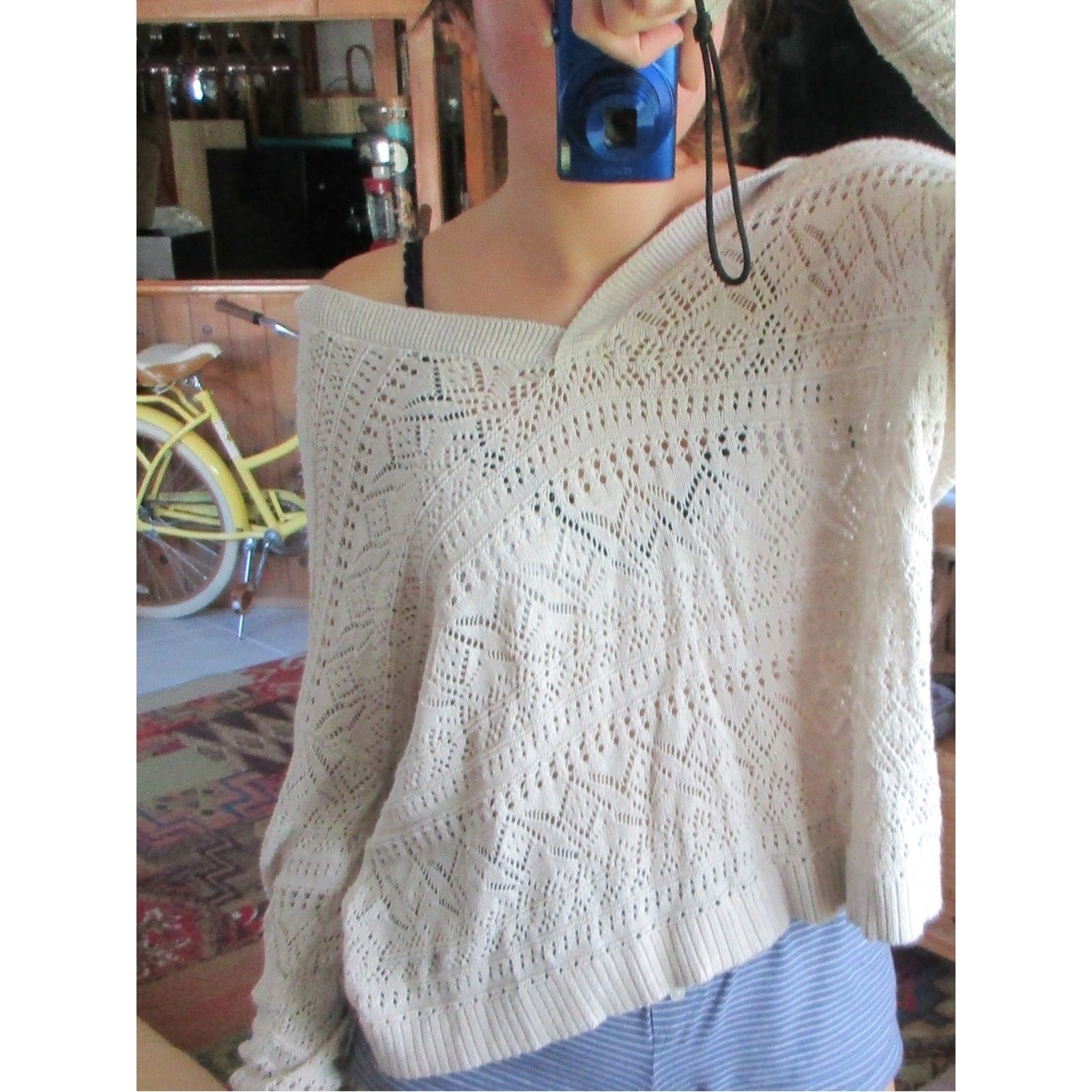 LOFT Cream Open-Knit Off-Shoulder Sweater LOFT Cream Open-Knit Off-Shoulder Sweater