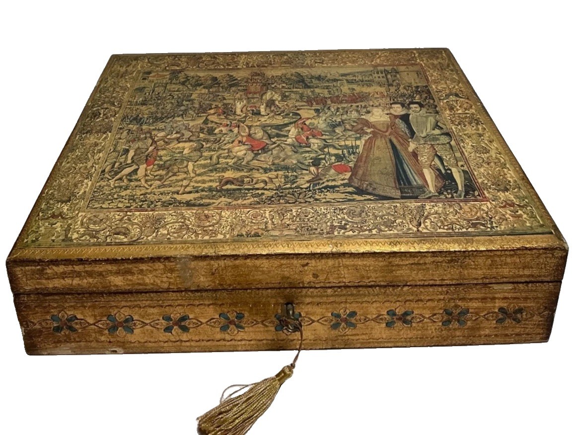 Vintage Italian Florentine Gold Gilt Tapestry Storage Box 13.5 in. Vintage Italian Florentine Gold Gilt Tapestry Storage Box 13.5 in.
