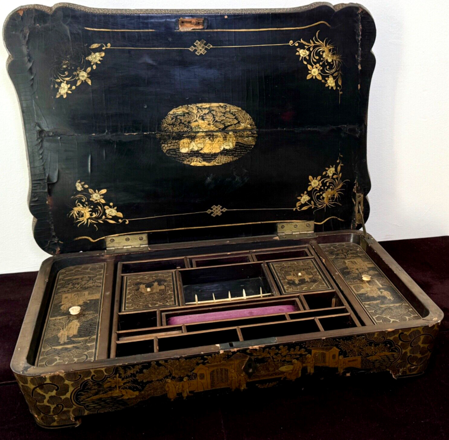 Antique Chinese Canton Sewing Cabinet Box Lacquer & Gilt Qing Dynasty   A369