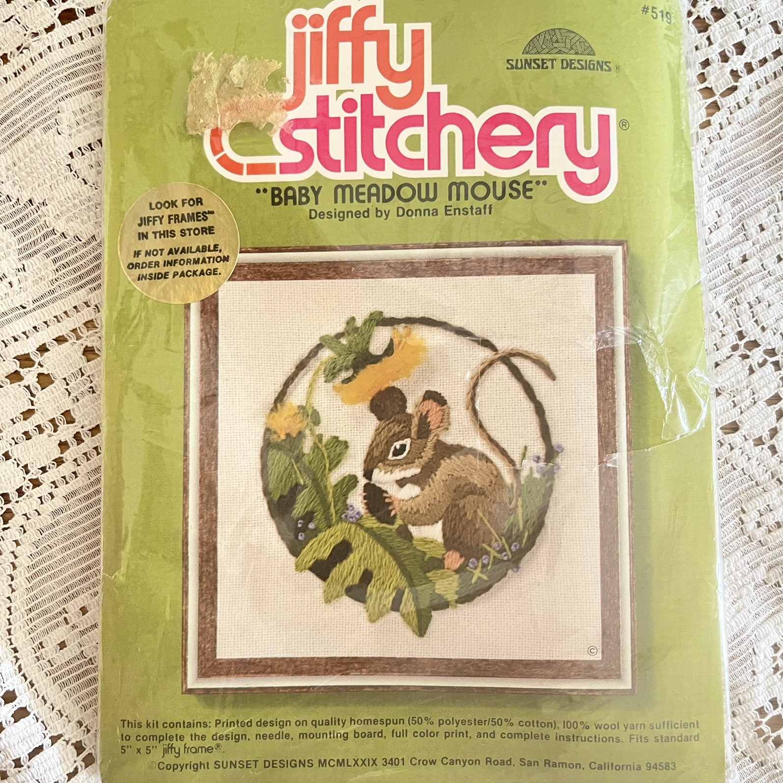 Vintage 1979 Jiffy Stitchery Baby Meadow Mouse #519 Sunset Designs NOS 5x5 Kit