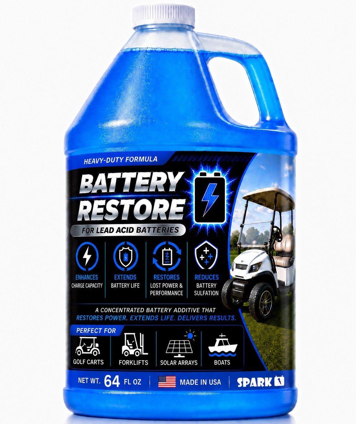 GOLF CART BATTERY RESTORE LIQUID SOLUTION, Repair 6,8,12 Volt, Larger 64oz Size GOLF CART BATTERY RESTORE LIQUID SOLUTION, Repair 6,8,12 Volt, Larger 64oz Size