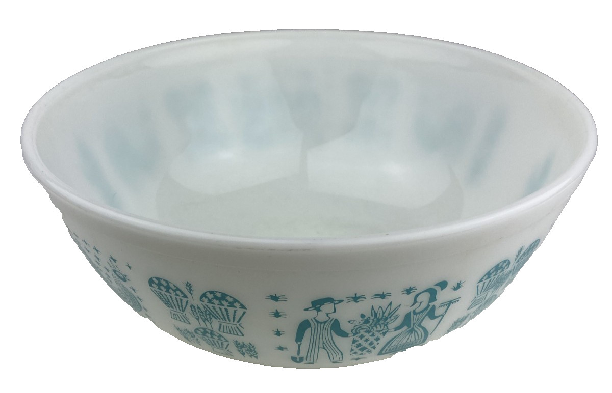 Vintage Pyrex Amish Butter Bowl 404 Turquoise White Large Print 4 Qt Mixing