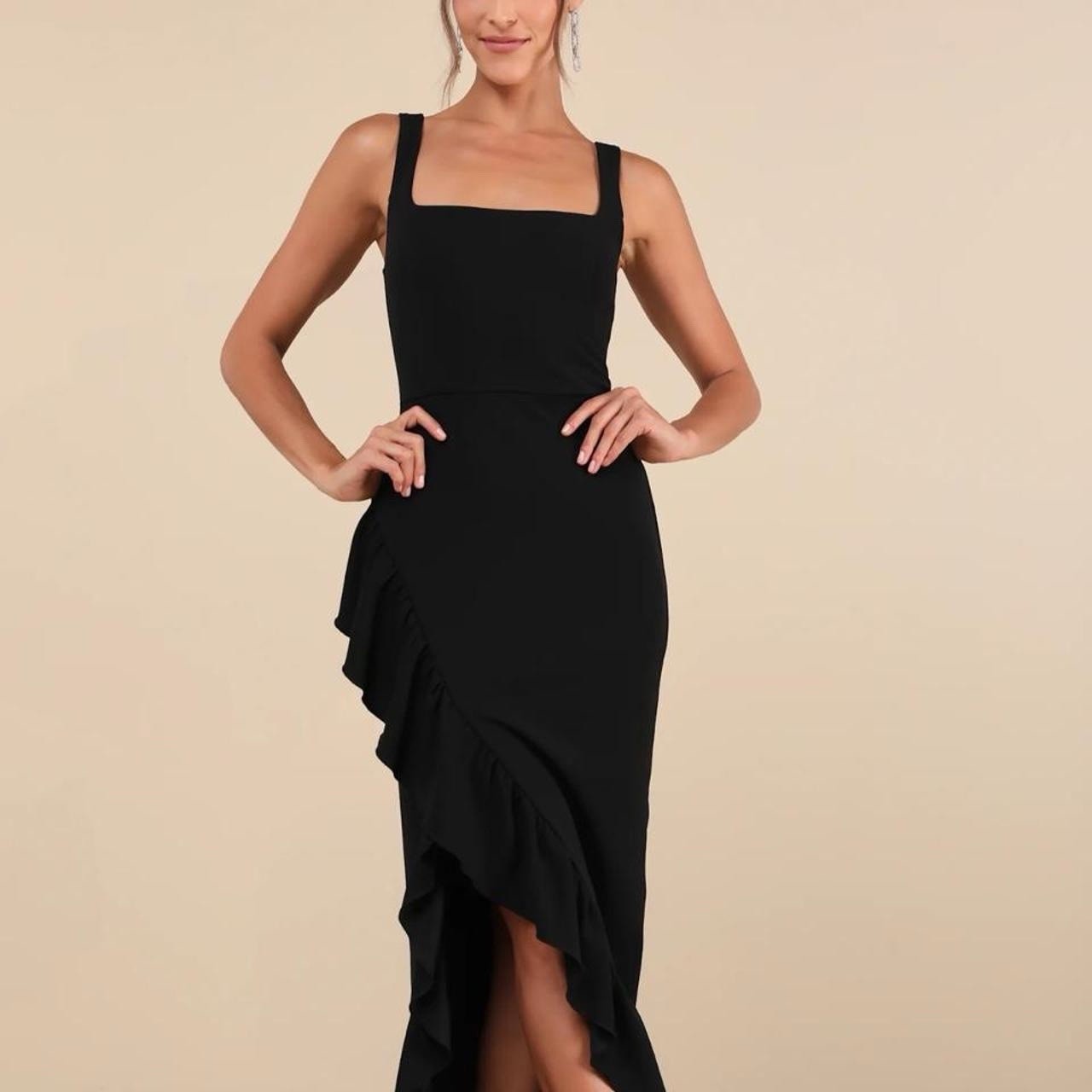 Lulus Black Square Neck Ruffle Faux Wrap Midi Dress Womens M NWT
