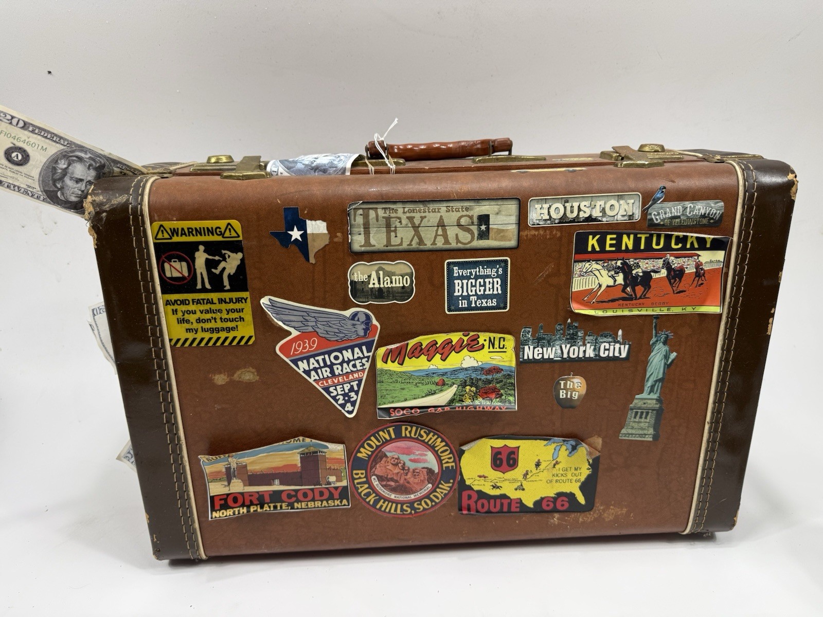 Vintage 1940s Suitcase Luggage Hard Case Great Travel Stickers US