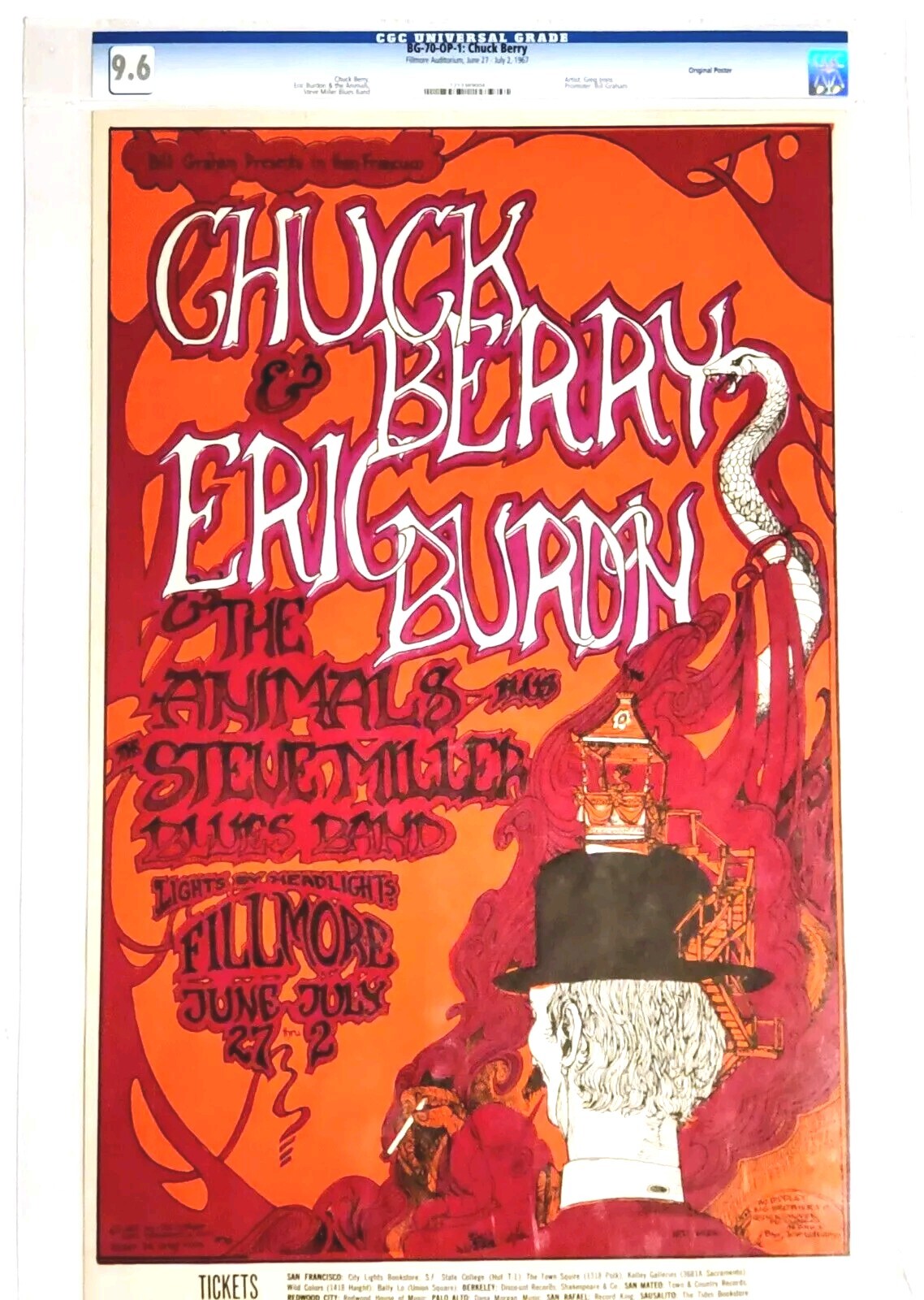 1967 Chuck Berry Animals Fillmore Bill Graham BG70 CGC Graded 9.6 Concert Poster