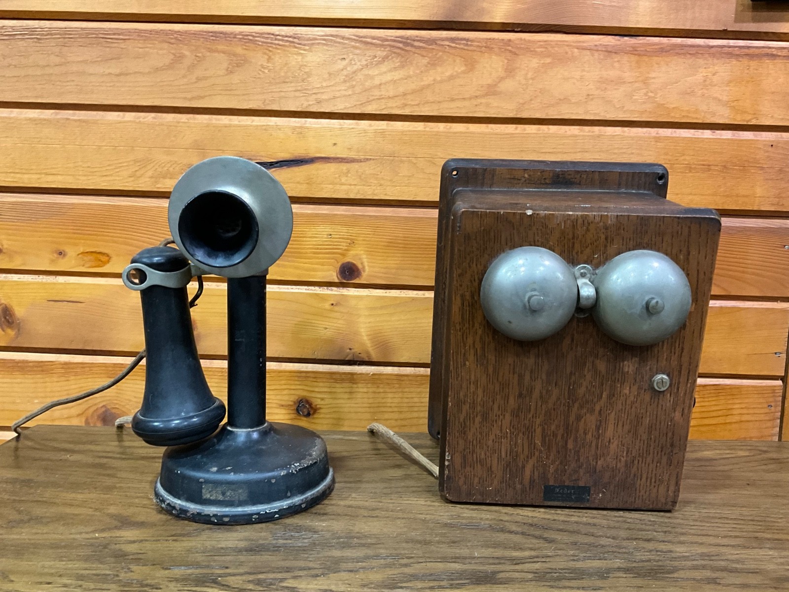 Antique Federal telephone with a candlestick design an Oak Ringer Box Antique Federal telephone with a candlestick design an Oak Ringer Box