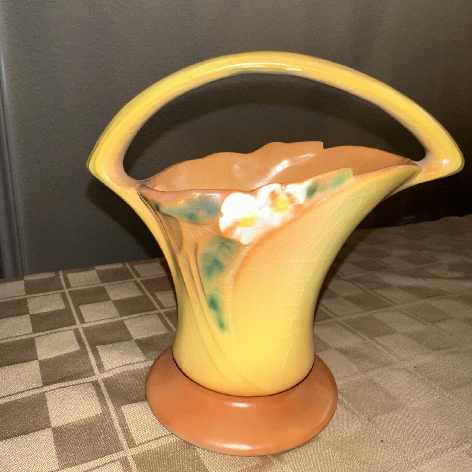 Antique Roseville Pottery Mock Orange 391-7 Yellow Basket Vase 1948 Antique Roseville Pottery Mock Orange 391-7 Yellow Basket Vase 1948