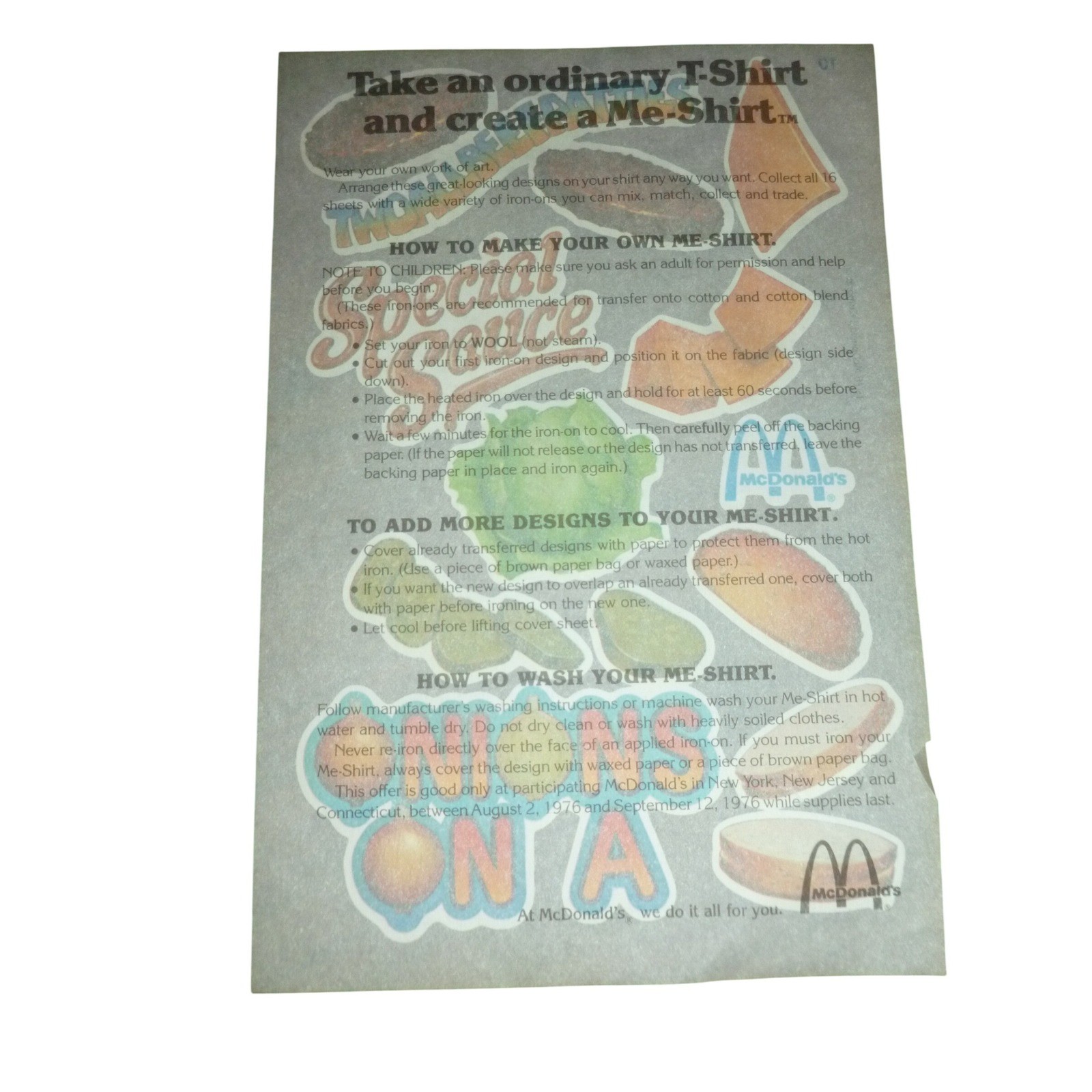 Vintage 1976 McDonalds Me-Shirt Iron-On Transfer Sheet Retro Fast Food Graphics