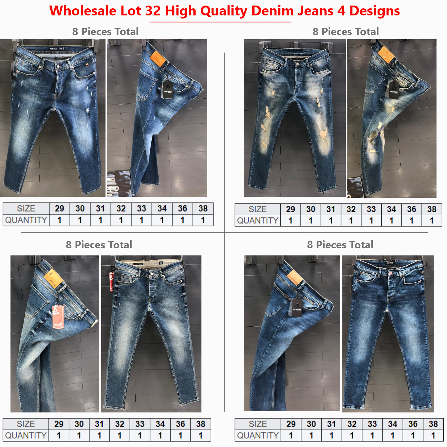 NEW 32 Pieces High Quality Denim Jeans 4 Different Modern Styles, 8 Sizes 29-38