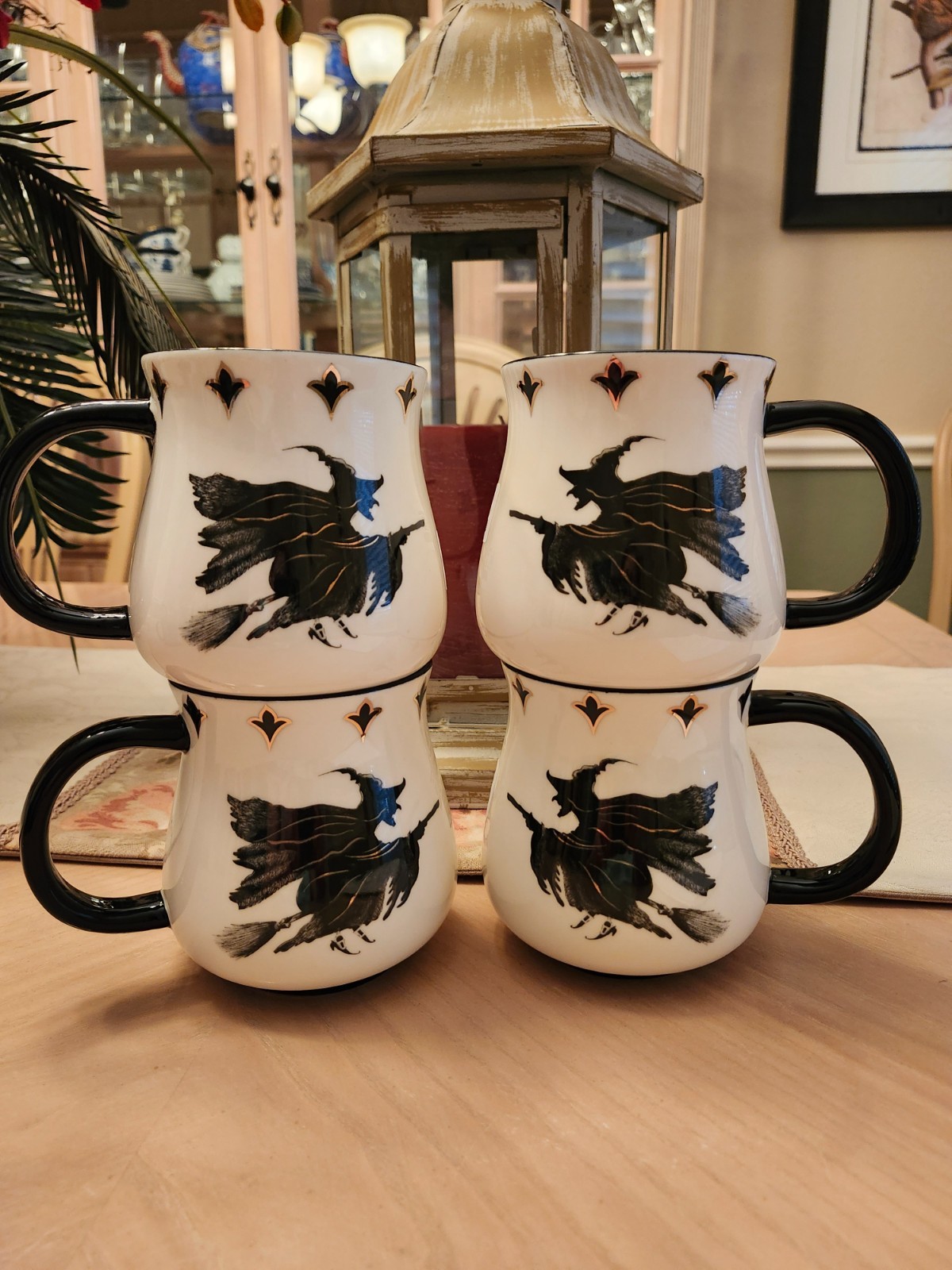 POTTER'S STUDIO HALLOWEEN BLACK FLYING WITCH SILHOUETTE COFFEE MUGS SET OF 4