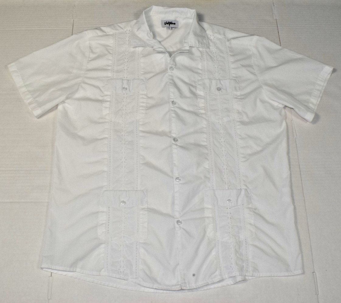 Mens Guayabera Cuban Shirt Vatpave Size L Crisp White Retro Style Embroidered