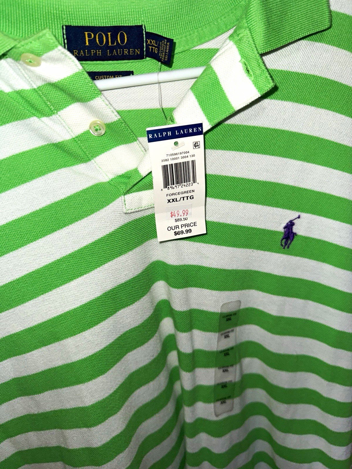 Polo Ralph Lauren Custom Fit 2XL Green White Striped Knit Polo Shirt NWT Polo Ralph Lauren Custom Fit 2XL Green White Striped Knit Polo Shirt NWT