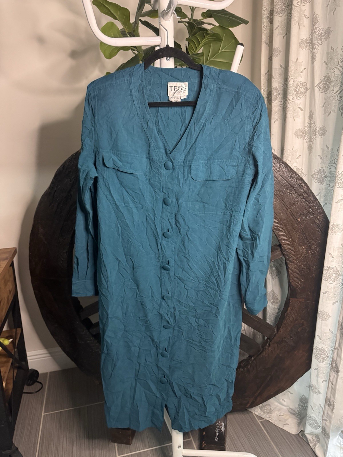 VTG Tess Dress 100% Silk Shirt Dress Teal Blue Button Front Midi Long Sleeve M/L