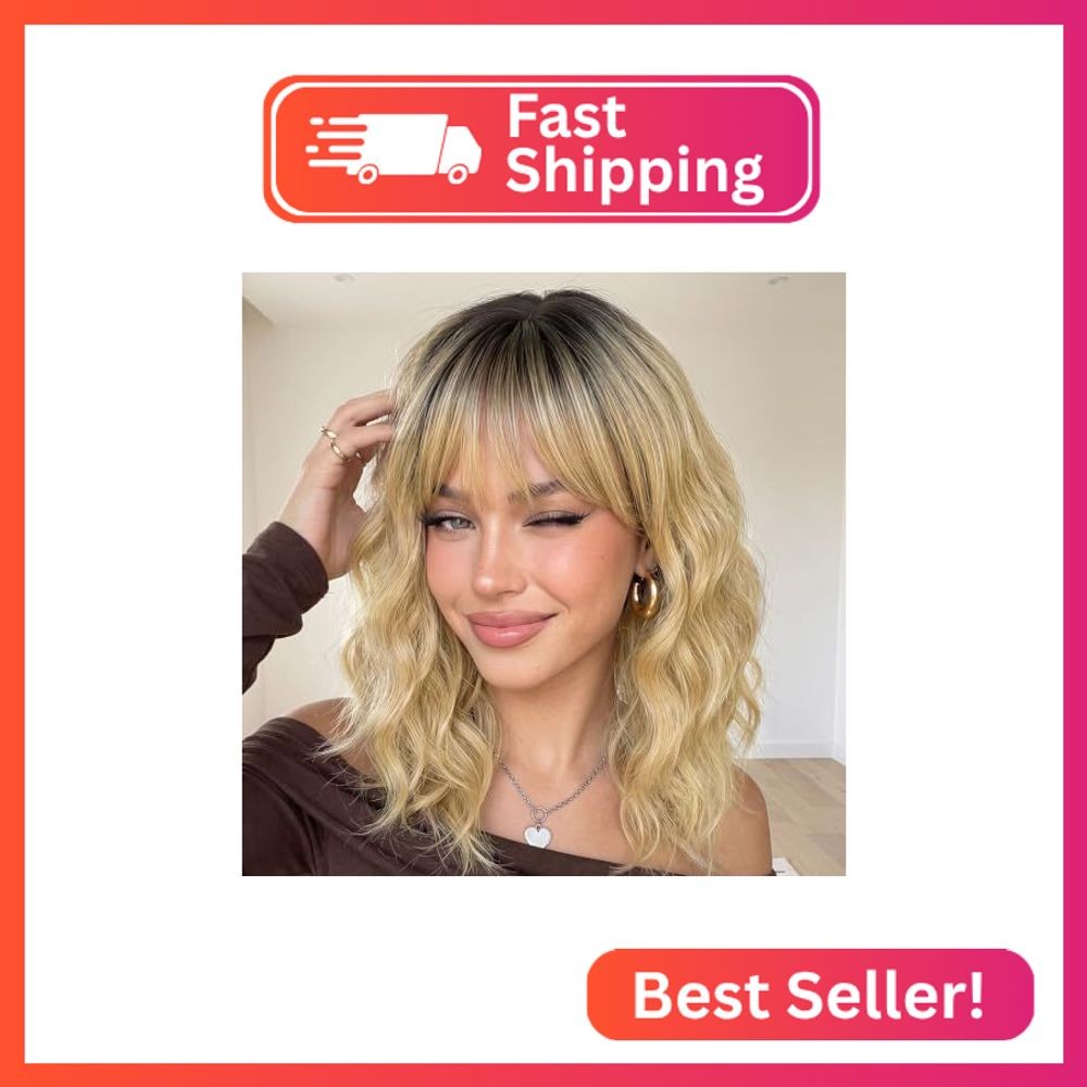 AISI HAIR Bob Curly Wig with Bangs Short Wavy Wigs for Women