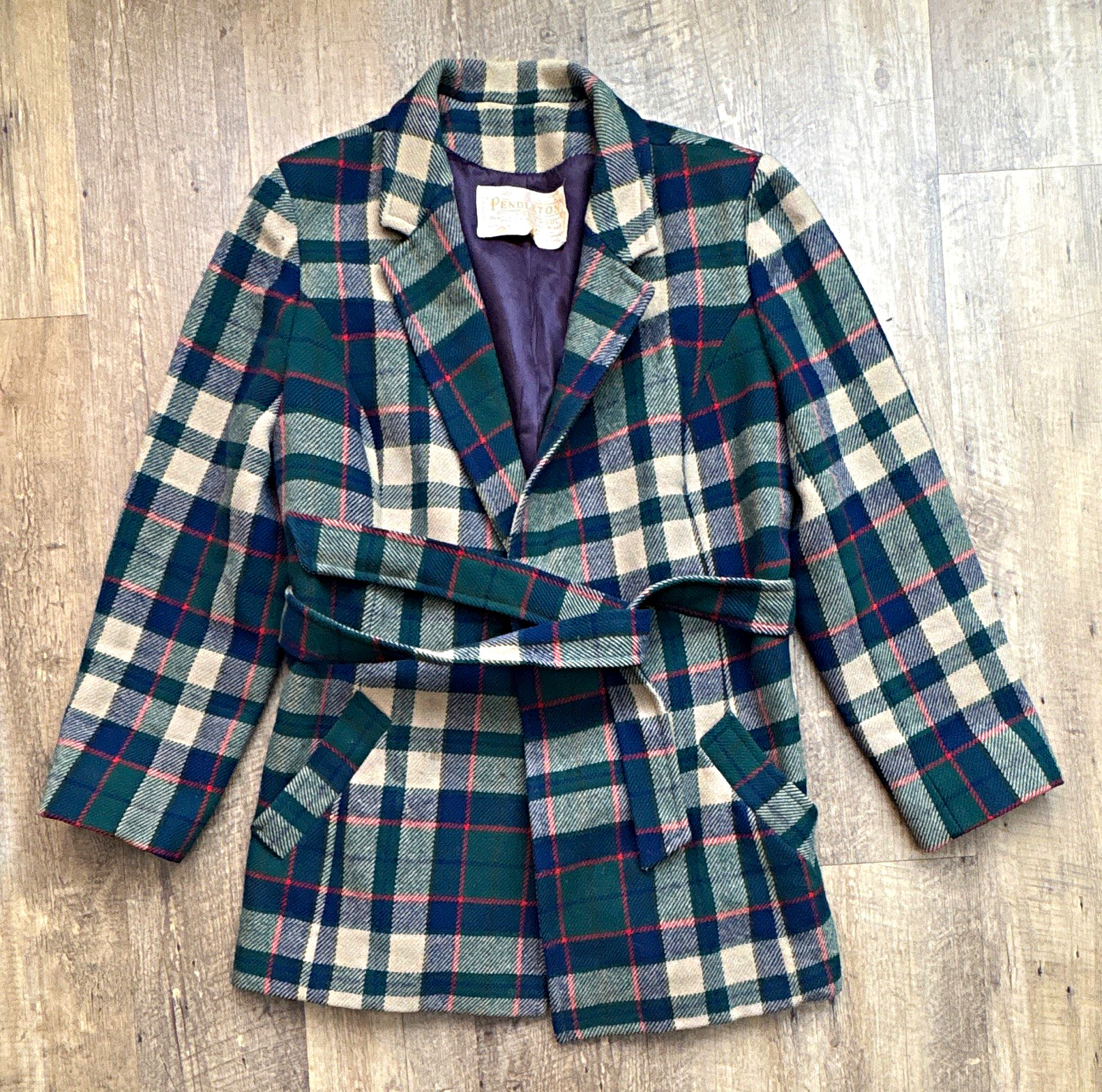 Vintage 60s-70s Pendleton Plaid Wool Tie-Belt Lined Jacket Pockets Womens Vintage 60s-70s Pendleton Plaid Wool Tie-Belt Lined Jacket Pockets Womens